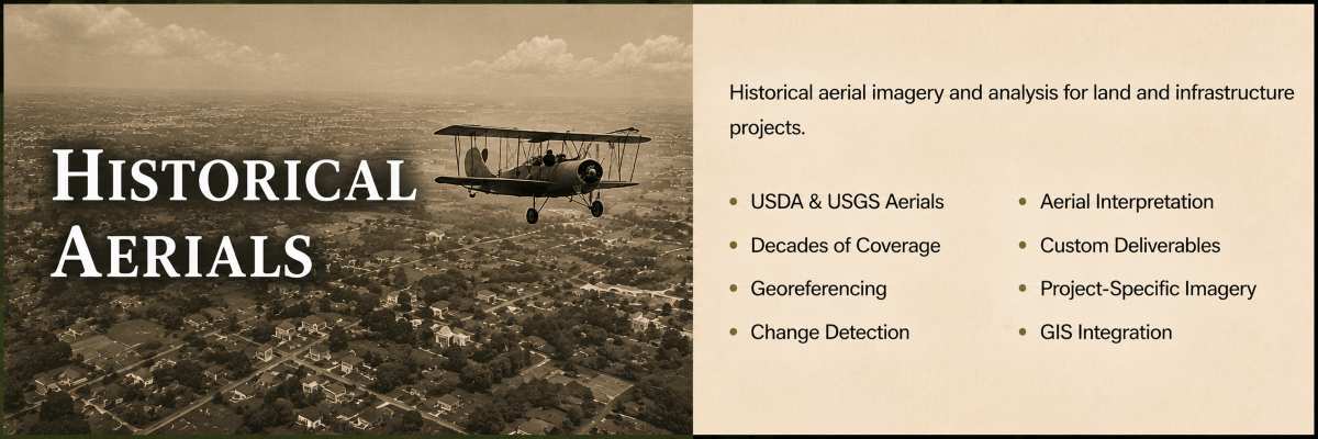 Historical aerial photography research, georeferencing, change detection, and imagery analysis for land and mineral projects.